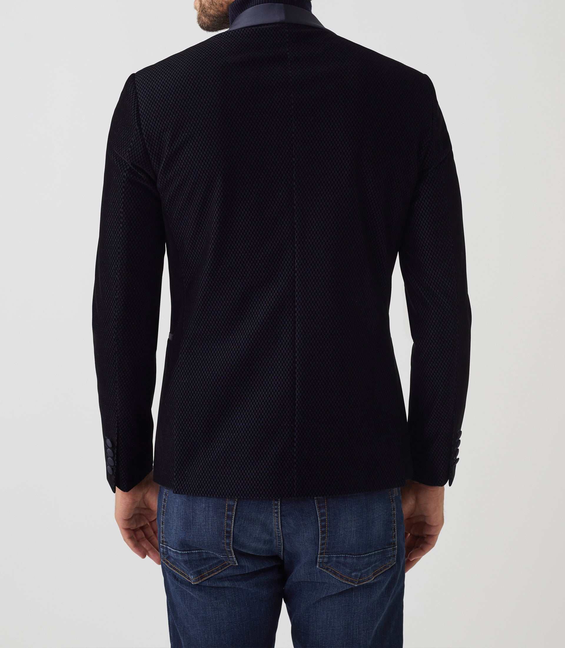 Veste velours col châle satin marine "Voltige" - IZAC